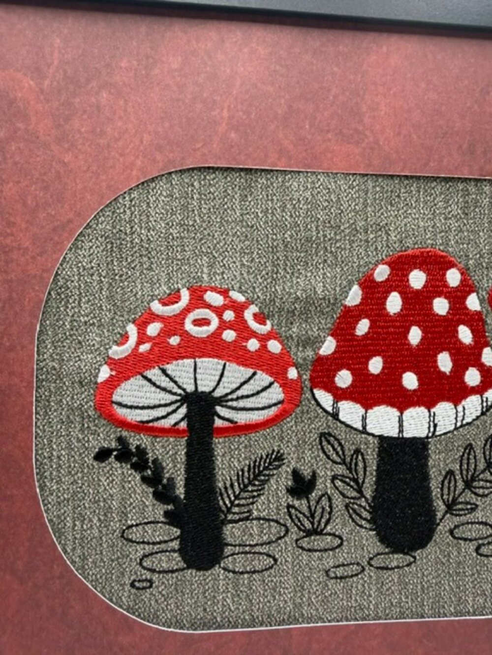 Homemade Red & Black Framed Mushroom Embroider Art - Picture 3 of 6